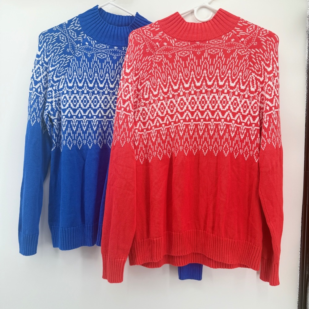Candace Cameron Bure Fair Isle Mock Neck Sweater Red Blue Lot of 2 Womens Medium